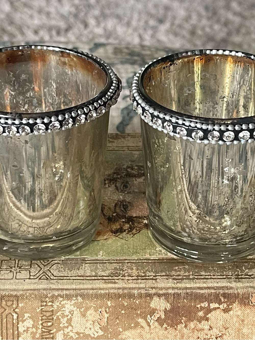 Mercury Glass Votive Candle Holder with Rhinestone Trim - set of 2